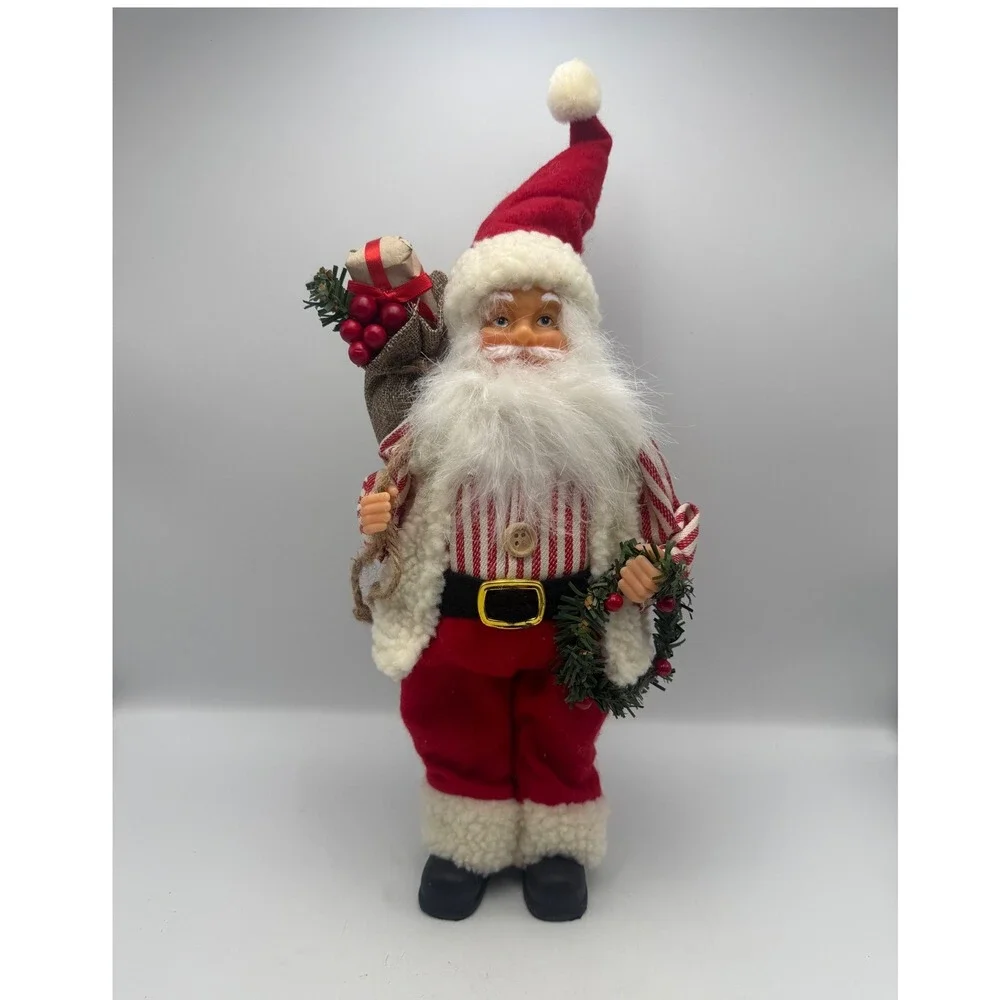 Vintage Style Standing Santa Claus Figurine Red White Striped Shirt Wreath